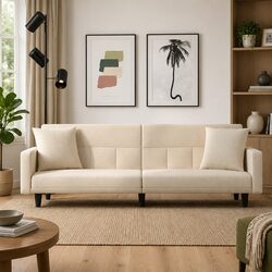 Adjustable Backrest Cream Sofa Bed with Cushions