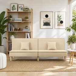 Adjustable Backrest Cream Fabric Sofa Bed