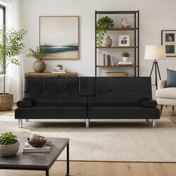 Adjustable Backrest Black Faux Leather Sofa Bed