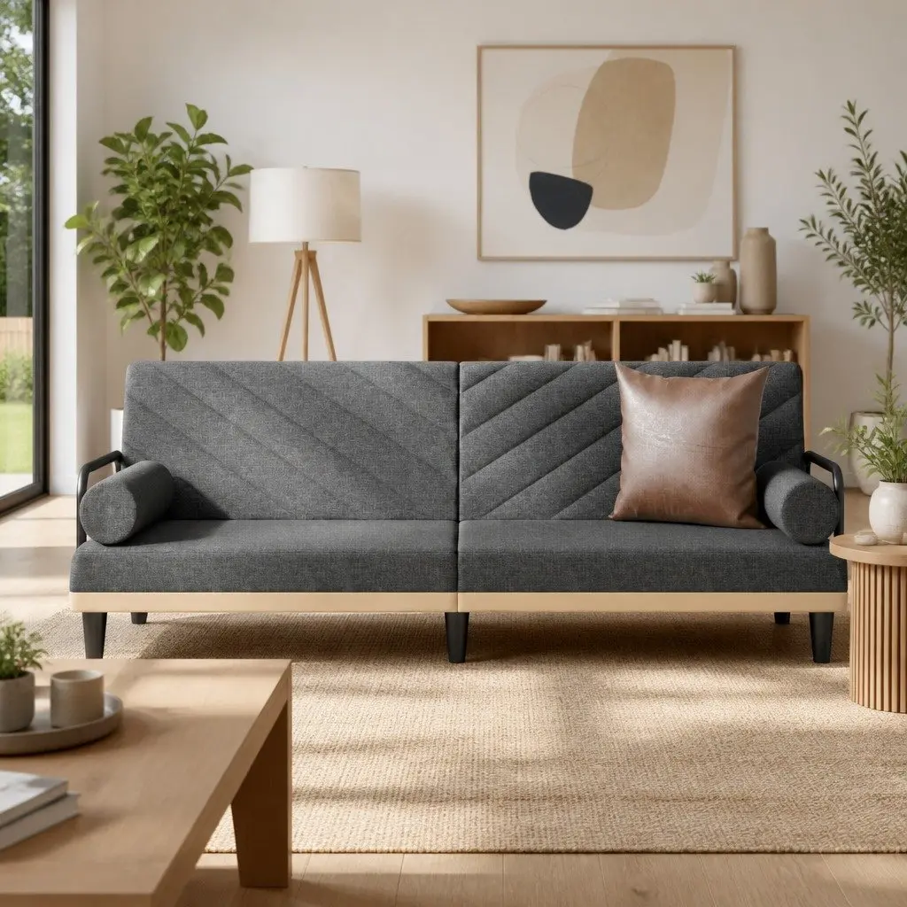 Sofa Bed Grey Fabric Convertible Sleeper Couch with Adjustable Backrest and Armrests