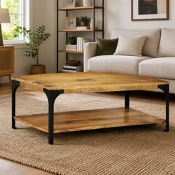 Industrial Coffee Table with Two Layers in Brown Finish