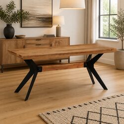 Industrial-Style Dining Bench in Solid Acacia Wood and Steel