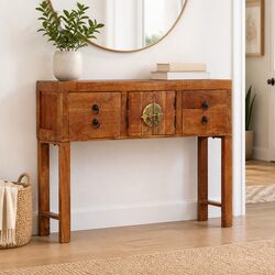 Solid Acacia Wood Console Table with Drawers, 120x32x80cm