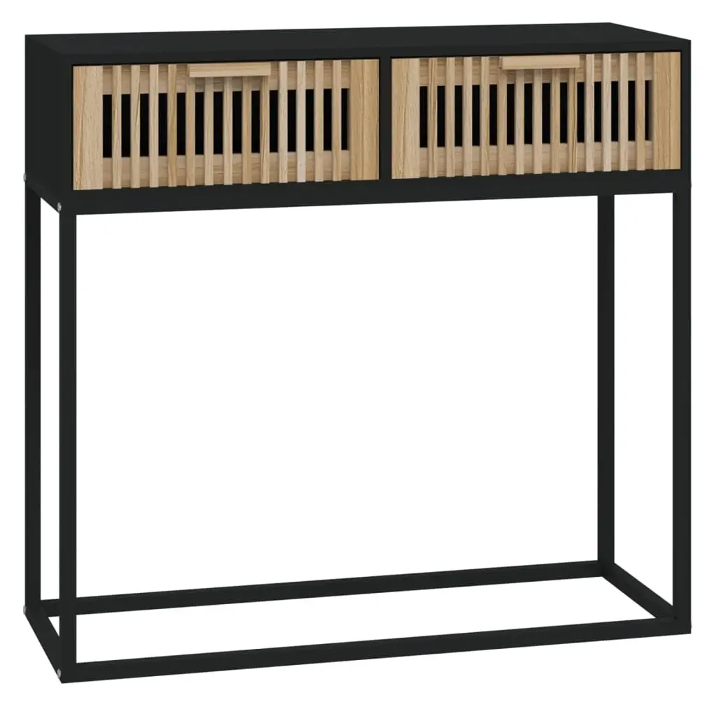 Console Table Black Engineered Wood 80x30x75 cm with 2 Storage Drawers and Metal Feet