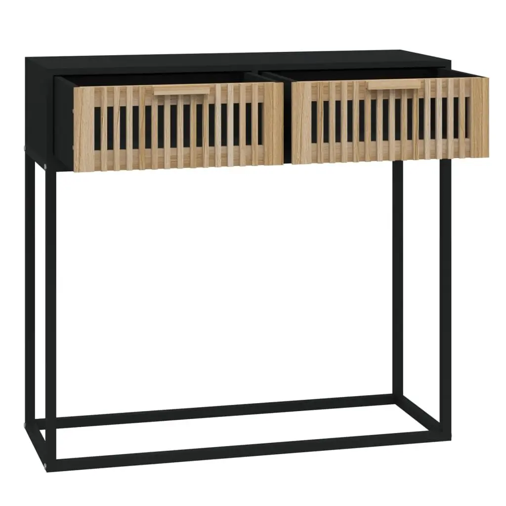 Console Table Black Engineered Wood 80x30x75 cm with 2 Storage Drawers and Metal Feet