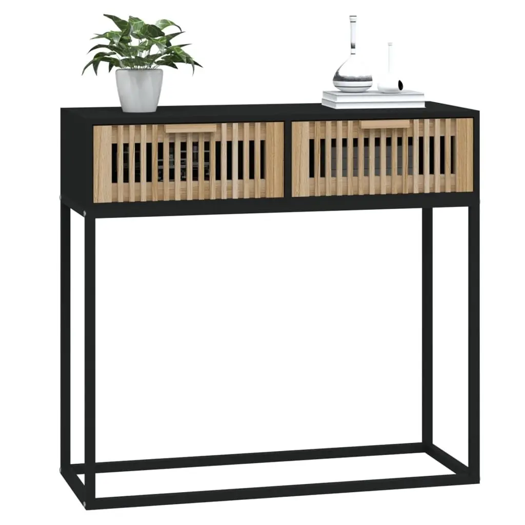 Console Table Black Engineered Wood 80x30x75 cm with 2 Storage Drawers and Metal Feet