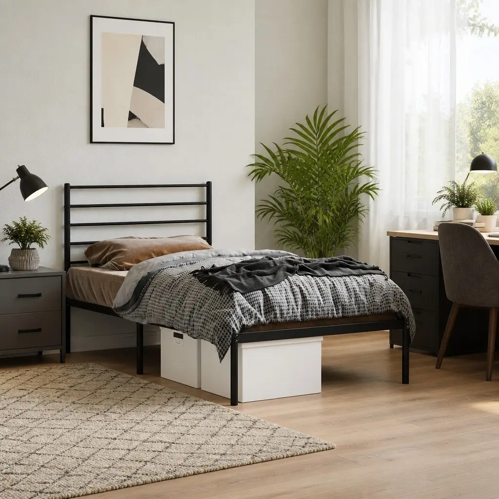 Metal Bed Frame Black King Single 107x203cm with Headboard Steel Slatted Base