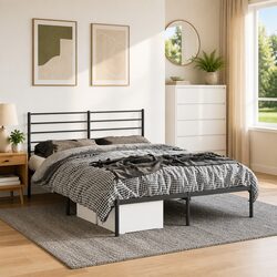 Black Metal Bed Frame with Storage and Headboard 135x190 cm