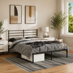 Black Metal Bed Frame 150x200 cm with Headboard and Slats