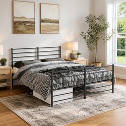 Metal Bed Frame 150x200 cm Black with Slatted Base