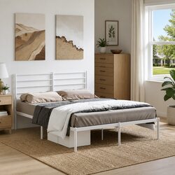 Metal Bed Frame with Headboard, 135x190 cm, White Steel