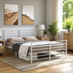 White Metal Bed Frame 135x190 cm with Headboard and Footboard
