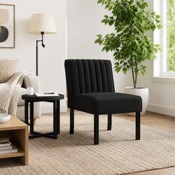 Upholstered Black Velvet Slipper Chair with Wooden Frame