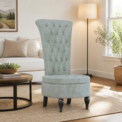 High Back Armchair in Light Grey Velvet with Plywood Frame