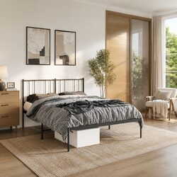 Sturdy Black Metal Bed Frame 135x190 cm with Headboard