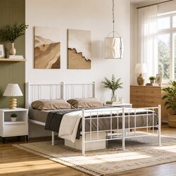Sturdy White Metal Bed Frame with Slatted Base 135x190cm
