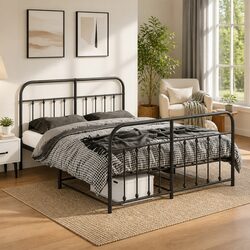 Metal Bed Frame with Slats 135x190 cm in Black