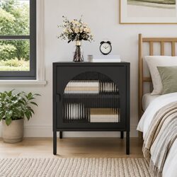 Black Nightstand with Fluted Glass and Steel Frame