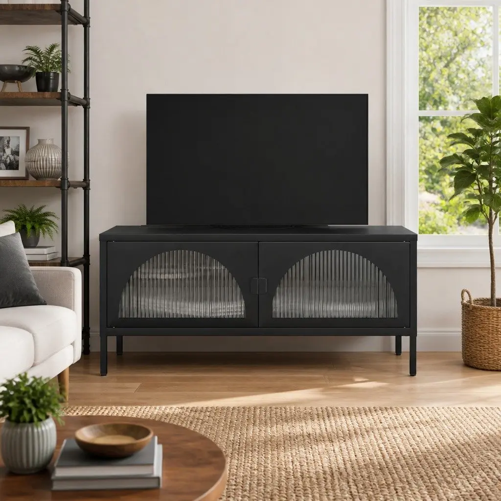 TV Stand Modern Storage Unit 105cm Black Powder-coated Steel Fluted Glass