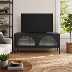 Black Glass Steel TV Cabinet: Dimensions and Features Listed