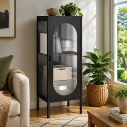 Fluted Glass Sideboard Cabinet with Steel Frame