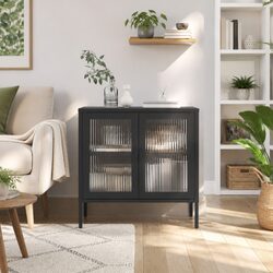 Black Glass and Steel Sideboard Cabinet with Fluted Design