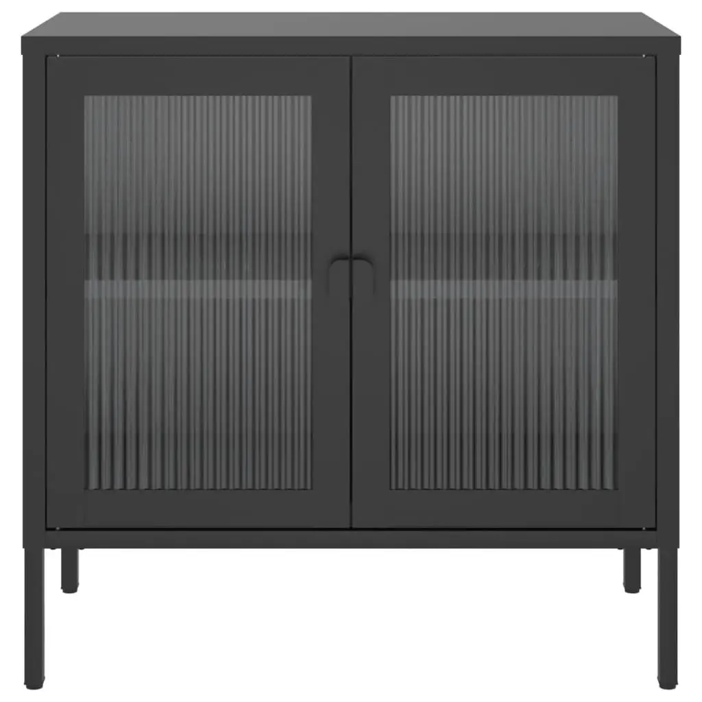 Sideboard Storage Cabinet Adjustable Shelf Black Fluted Glass Steel 70x35x70cm