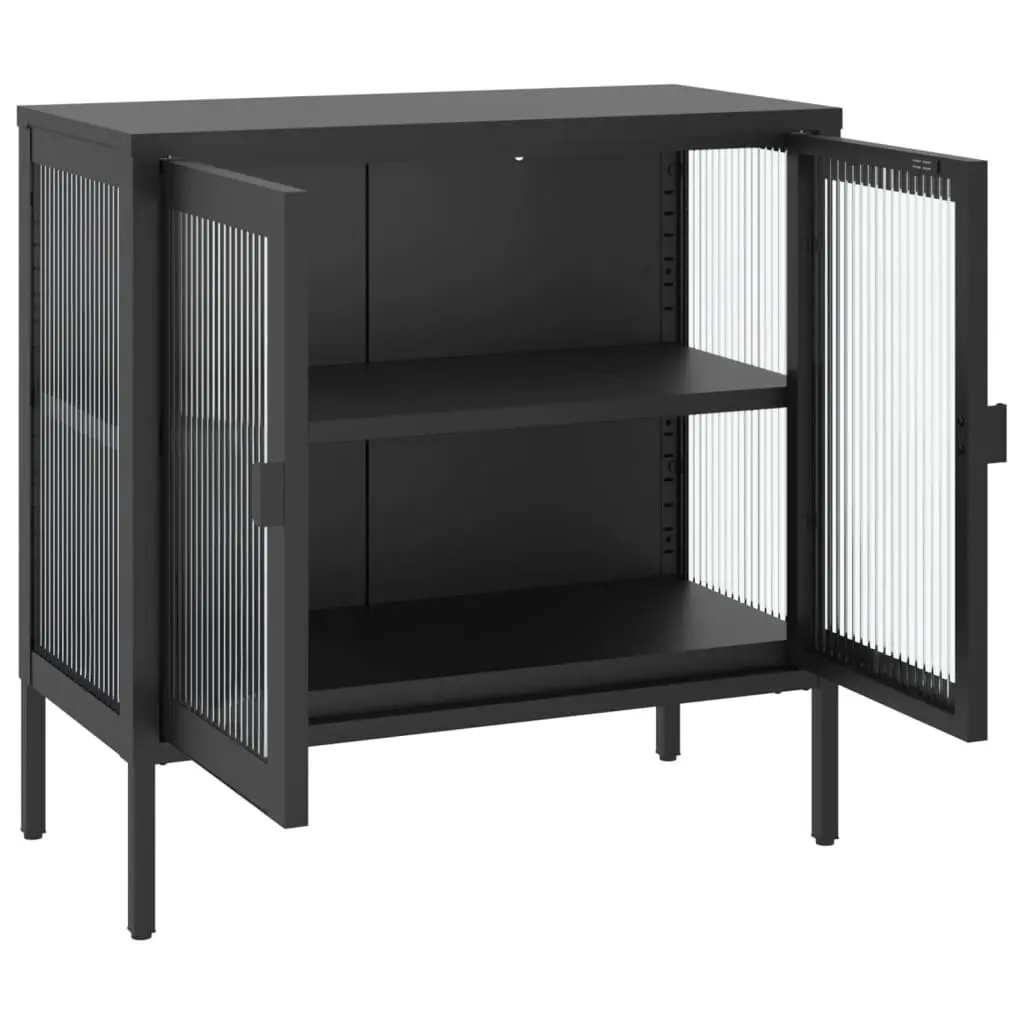 Sideboard Storage Cabinet Adjustable Shelf Black Fluted Glass Steel 70x35x70cm