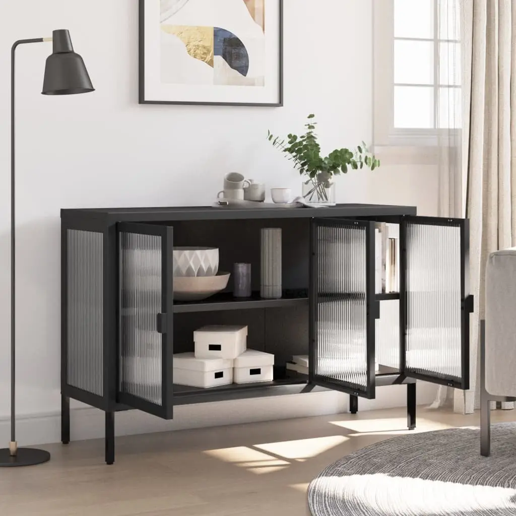 Sideboard Cabinet Storage Furniture Durable Steel Fluted Glass 105x35x70 cm Black