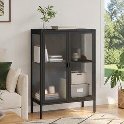 Black Glass Sideboard with Steel Frame and Adjustable Shelves