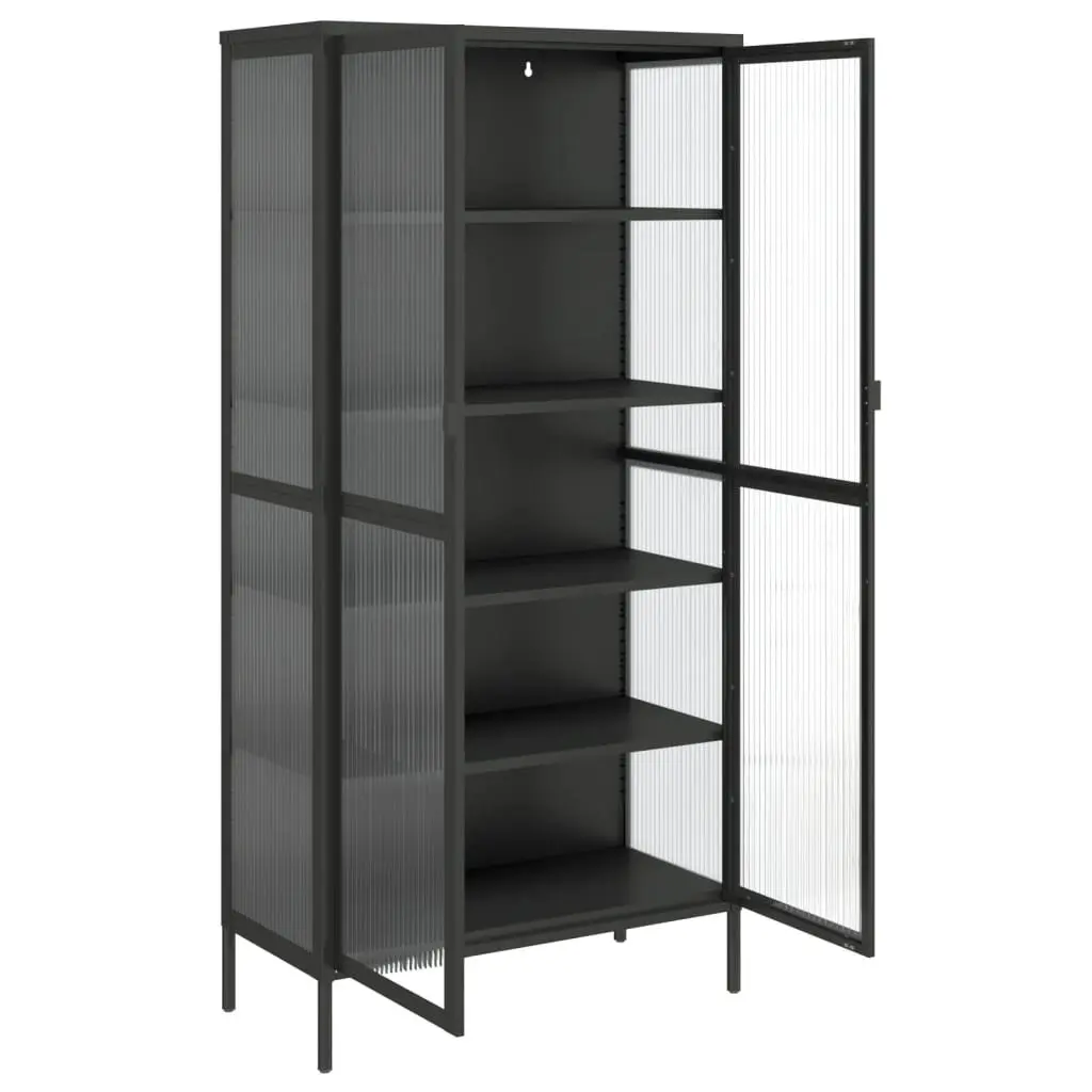 Highboard Storage Cabinet Fluted Glass Adjustable Shelves Black Steel Frame