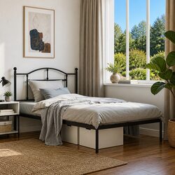King Single Metal Bed Frame 107x203 cm with Headboard in Black