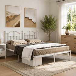 Metal Bed Frame 135x190 cm with White Headboard