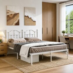 150x200 cm Metal Bed Frame with Headboard in White