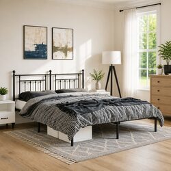 Sturdy Metal Bed Frame 135x190 cm with Headboard in Black