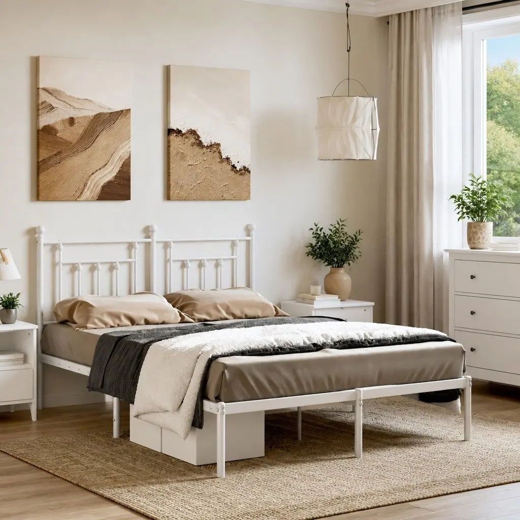 Metal Bed Frame with Headboard Support 150x200 cm White