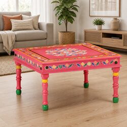 Solid Mango Wood Coffee Table with Hand-Painted Design