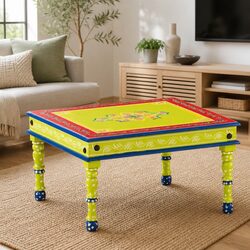 Solid Mango Wood Green Coffee Table with Decorative Finish
