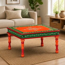 Solid Mango Wood Coffee Table with Hand-Painted Design