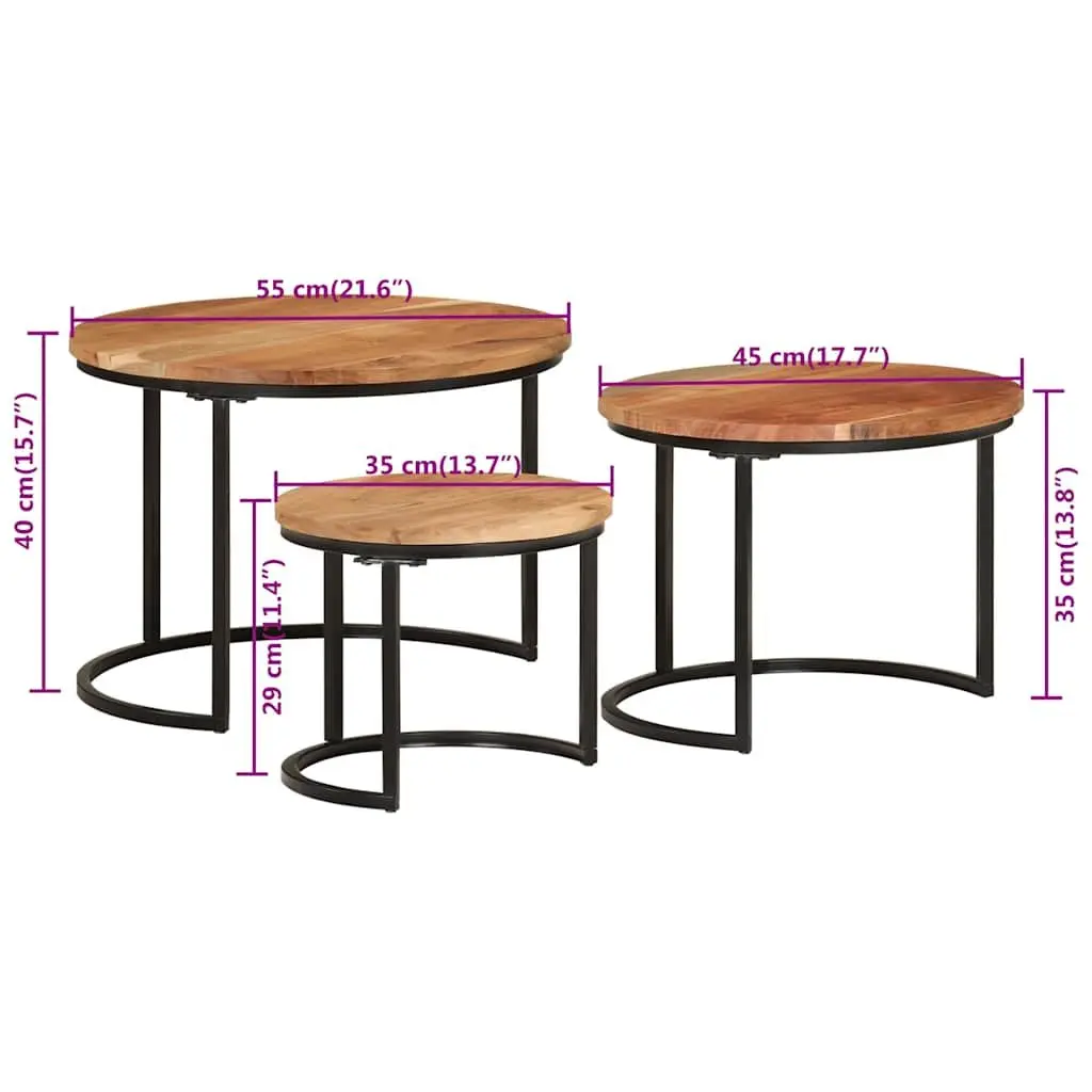 Solid Acacia Wood Nesting Tables 3 Piece Brown Coffee Side Table Storage Set