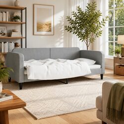 Modern Grey Fabric Sofa Bed 90x190 cm with Slatted Base