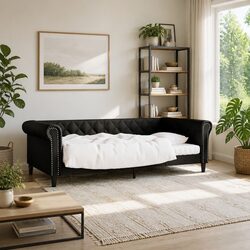 Day Bed Sofa Bed 90x190 cm in Black Faux Leather