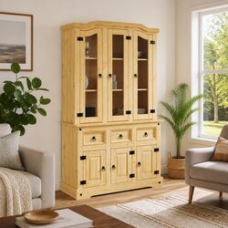 Highboard Storage Cabinet in Brown Solid Pine Wood
