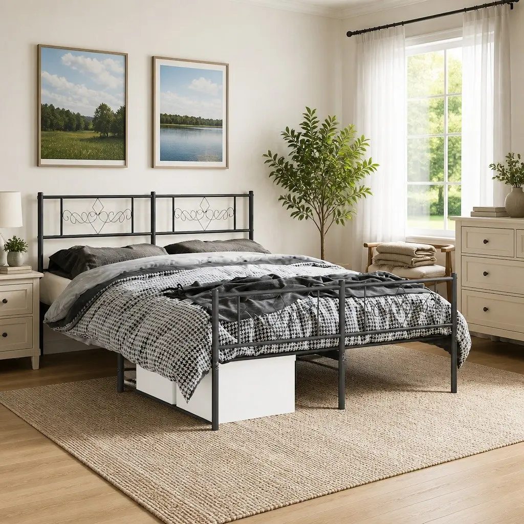 Metal Bed Frame with Headboard and Footboard 135x190 cm Black
