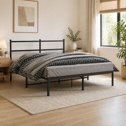 Metal Bed Frame 150x200 cm with Integrated Headboard in Black