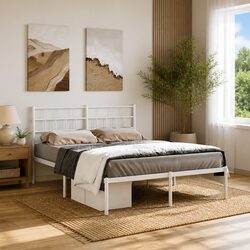 Steel Bed Frame 150x200 cm with Headboard in White