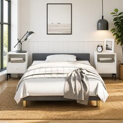 King Single Bed Frame with Grey Fabric Headboard