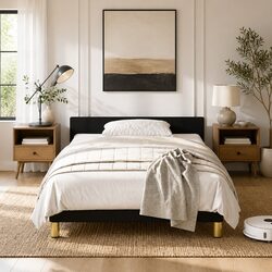 King Single Bed Frame Black Fabric with Sturdy Construction