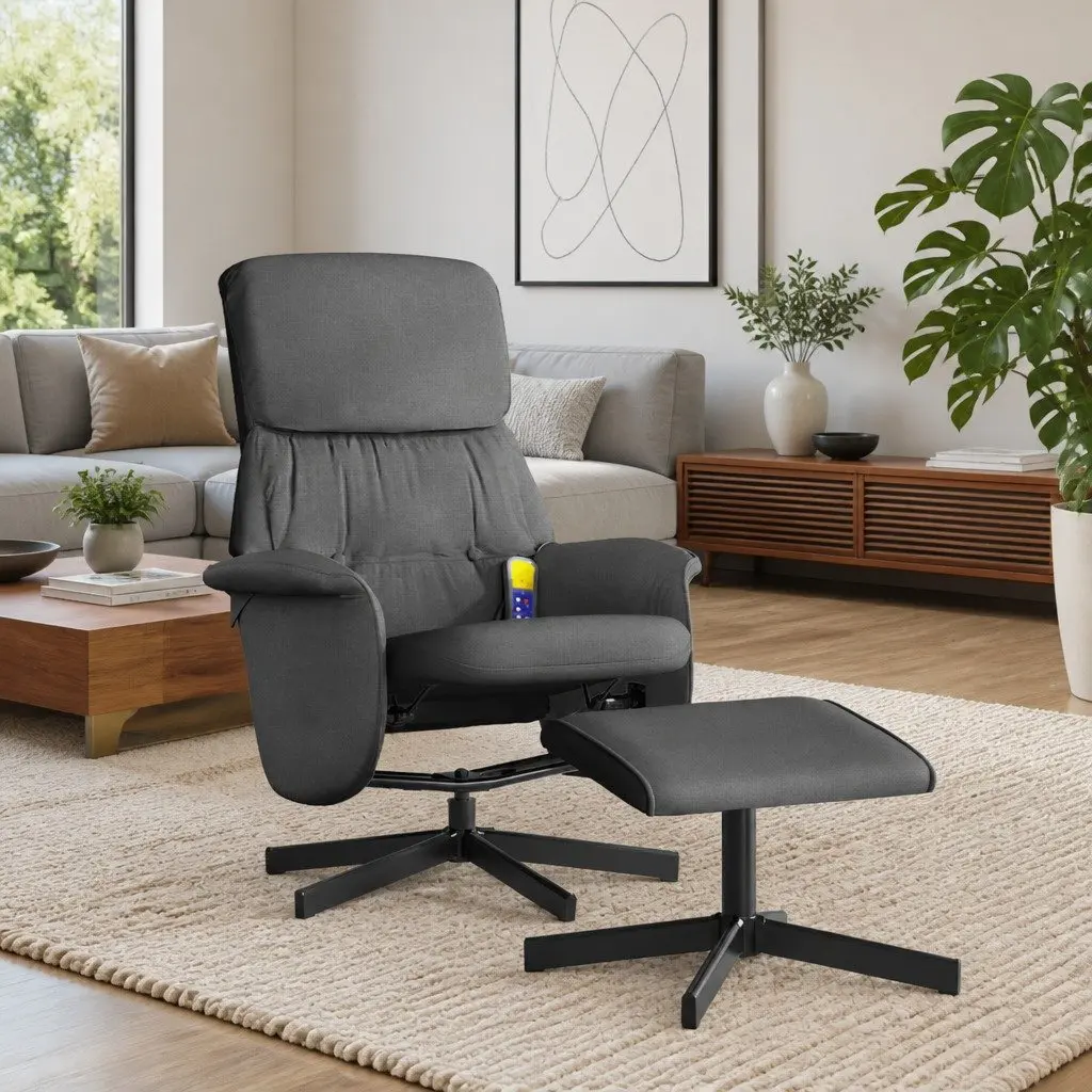 Recliner Chair with Footstool 6 Point Vibration Dark Grey Fabric and Swivel Function