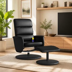 Massage Recliner Chair with Footstool in Black Faux Leather